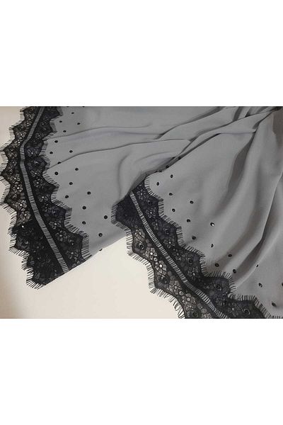 AGH Değerli Hediyeler Κοντό σάλι Lez Lace με γκρι κρεπ σιφόν ύφασμα κεντημένο στο χέρι με πολυτελές σάλι από πέτρες