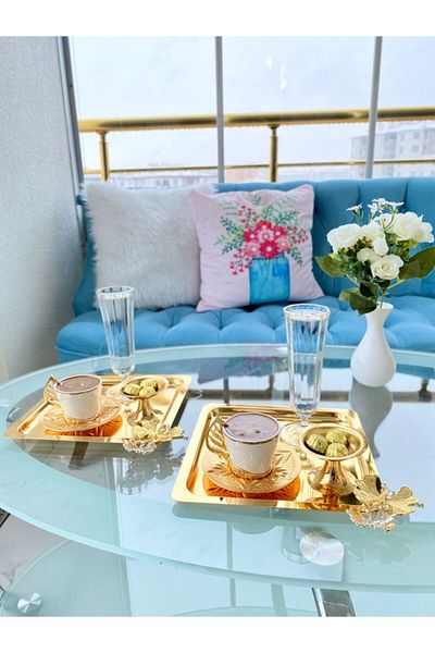 Aslı Hediyelik Set of 2 Luxury Square Stainless Steel Butterfly Gold Service, Tea, Coffee, Treats and Presentation Tray 21x21 Cm