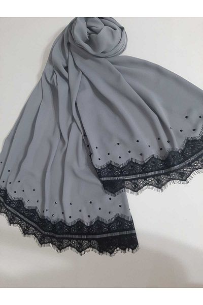 AGH Değerli Hediyeler Κοντό σάλι Lez Lace με γκρι κρεπ σιφόν ύφασμα κεντημένο στο χέρι με πολυτελές σάλι από πέτρες