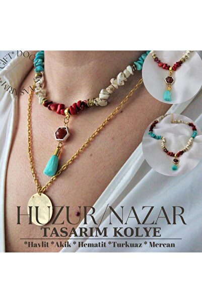 Gerçek Doğal Taş Huzur Nazar Tasarım Kolye , Akik Havlit Mercan Turkuaz Hematit