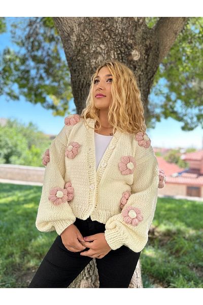 EMAKROME CARDIGAN DE FEMEI CU FLORI tricotate manual