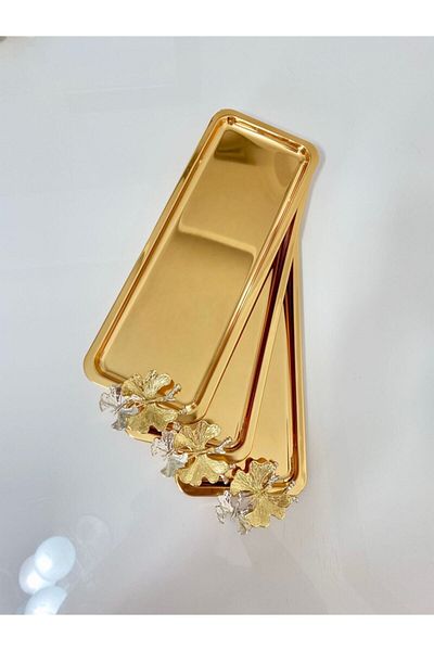 Aslı Hediyelik 3-Piece Luxury Butterfly Gold Titanium Coated Baton Service, Tea, Coffee, Treats and Presentation Tray