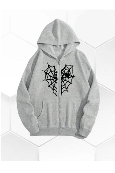 Boi Unisex Y2K Spider Web Λεπτομερής ζακέτα με κουκούλα με φερμουάρ