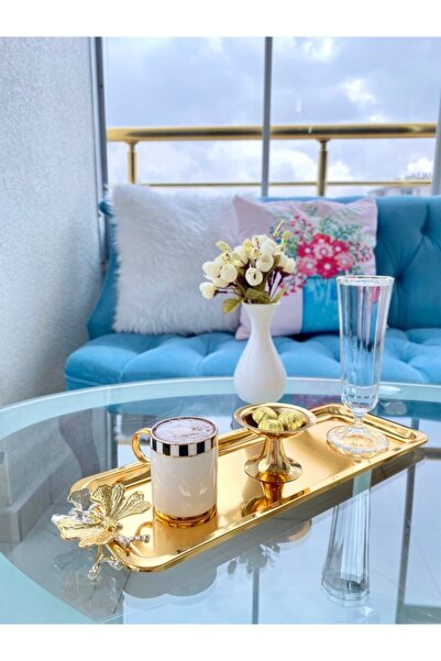 Aslı Hediyelik 3'lü Lüx Kelebekli Gold Titanyum Kaplama Baton Servis ,çay ,kahve ,ikramlık Ve Sunum Tepsisi