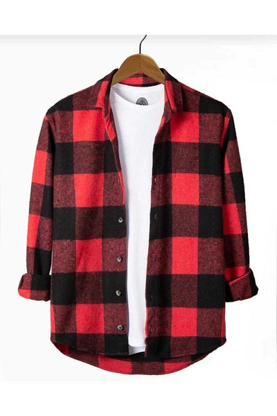 Esra Butik Hane RED AND WHITE PLAID PATTERNED CHECKED WINTER THICK RUBBER SHIRT