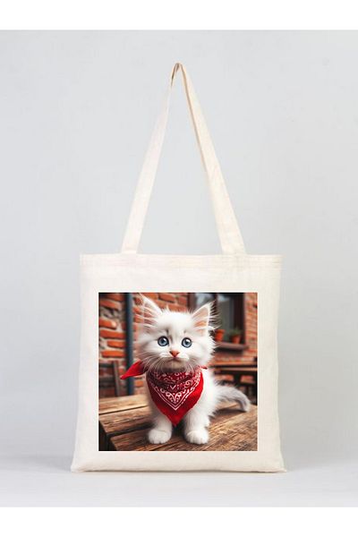 Elbasan Tekstil 40 x 45 Cm Canvas Tote Bag Cute Cat 8 cm with Gusseted on the Bottom