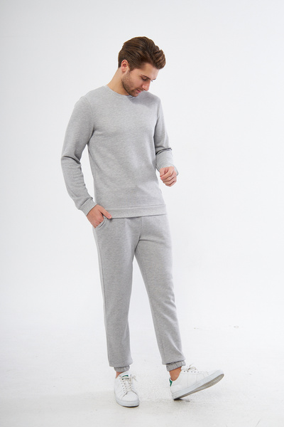 LİVE SPORT Erkek 3 iplik Diagonal Nakış Logolu Paçası Lastikli Eşofman Takımı Gri