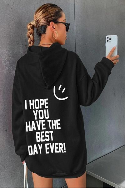 Khione Unisex Black Day Ever Printed Hooded Oversize φούτερ με κουκούλα