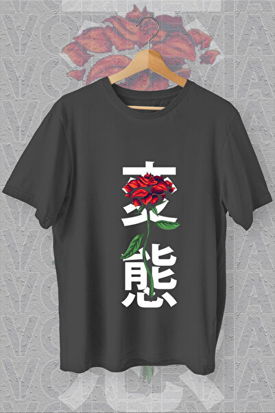 Vordevia Japansko pismo i ruža Štampano Oversize kroj crna T-shirt