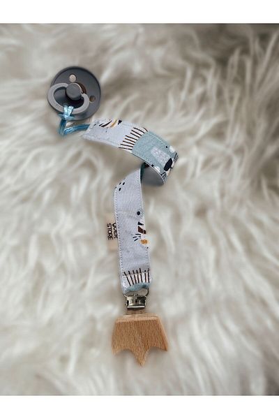 GOER STORE Natural Wooden Crown-Lion Detailed Soft Blue 100% Cotton Fabric Baby Pacifier Strap