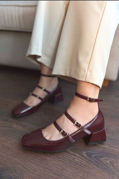 POLKA STORE Women's Mary Jane Claret Red Patent Leather Closed Back Three-Strapped Square Toe Short Block Heeled Shoes Cherry Red
