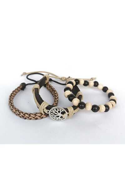 BSN Store 3-Piece Black Beige Natural Wooden Bead Handmade Leather Bracelet with Tree of Life Figures