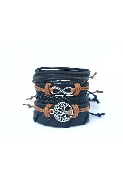 BSN Store Infinity Tree of Life Tan Black Set of 5 Handmade Leather Bracelets