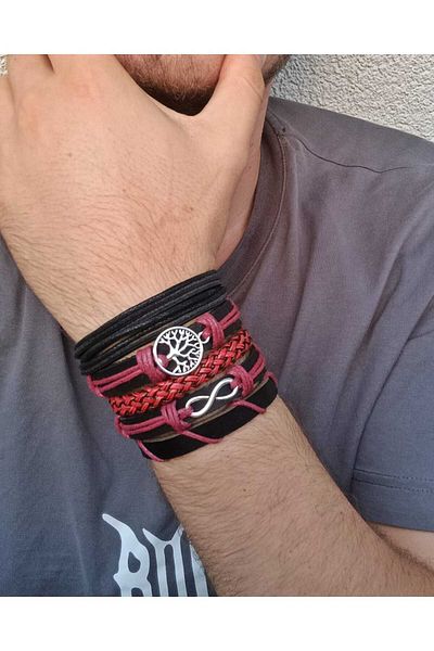 BSN Store Infinity Tree of Life Figured Burgundy Black Set of 5 Leather Bracelets