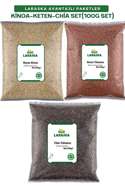 Laraska Chia Tohumu-Çiya Tohumu 100g-Keten Tohumu 100g-Beyaz Kinoa 100g-AVANTAJLI PAKET SET 100GX3