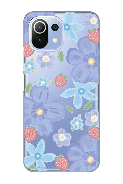 Magic Ring Xiaomi Mi 11 Lite Uyumlu Çiçek ve Çilek Desenli Şeffaf Telefon Kılıfı