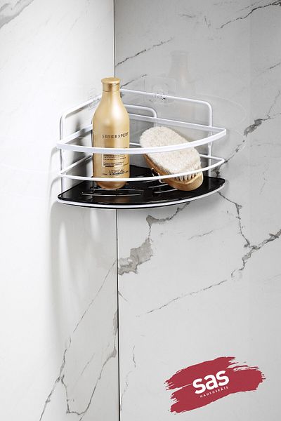 Sas Haus Hanging Bathroom Organizer with Stainless Crystal and Shelf - Adhesive Shampoo Holder Corner Lk-01 Bs