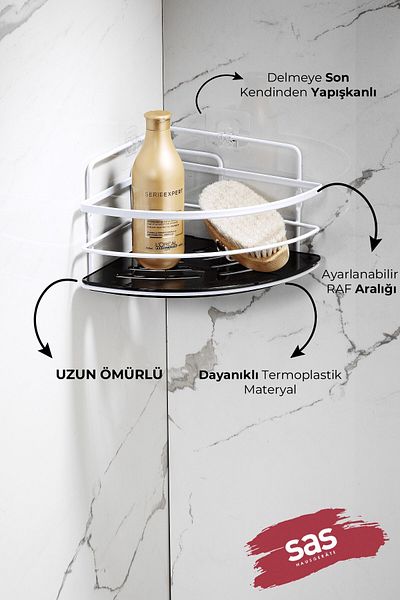 Sas Haus Hanging Bathroom Organizer with Stainless Crystal and Shelf - Adhesive Shampoo Holder Corner Lk-01 Bs