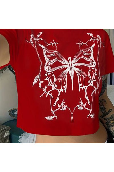 Gofeel Harajuku White Butterfly Printed Red Crop
