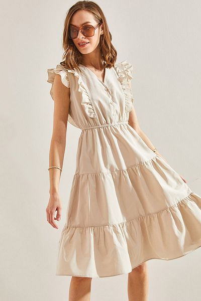 Bianco Lucci Ausgestelltes Kleid mit Rüschen und elastischer Taille und Knöpfen für Damen