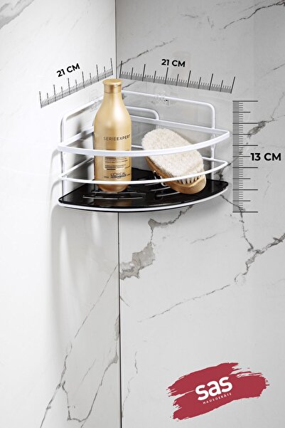 Sas Haus Γωνιακό ράφι μπάνιου με αυτοκόλλητο – ρυθμιζόμενο κρυστάλλινο ράφι (κόλληση/βίδα) Λευκό-Μαύρο