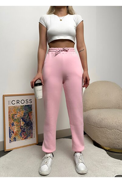 schlank Kadın Pembe Kışlık Kalın İçi Polarlı Yüksek Bel Paçası Lastikli Basic Jogger Eşofman Altı