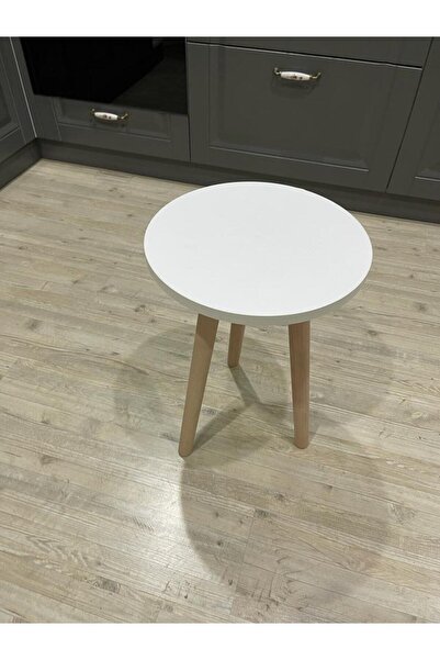 Genel Markalar Ahşap Tekli 3 Ayaklı Çam Yuvarlak Ahşap Ayaklı Zigon Sehpa Beyaz