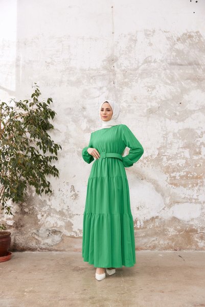 She Olive فستان طويل من قماش جوفر حزام قطع من تيسهتير - أنيق للمناسبات اليومي...