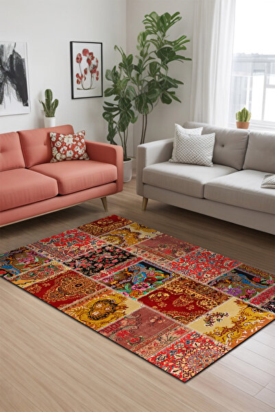 AIDA HOME Silena Patchwork Desenli Pamuk Tabanlı Yıkanabilen Kaydırmaz Antiba...