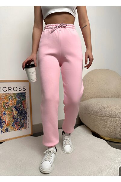 schlank Kadın Pembe Kışlık Kalın İçi Polarlı Yüksek Bel Paçası Lastikli Basic Jogger Eşofman Altı