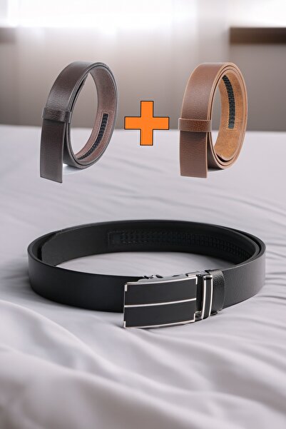 Pino44 حزام رجالي من جلد الجاموس 100% بإبزيم أوتوماتيكي + شريطين