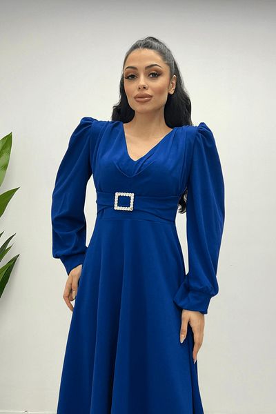 giyimmasalı Imported Crepe Fabric Midi Dress with Belt Detail - Saks Blue