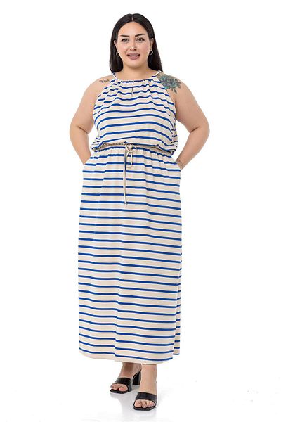 DISENTIS MODEST Plus Size Tie Λεπτομερές λουράκι ελαστικό στη μέση ριγέ μακρύ φόρεμα