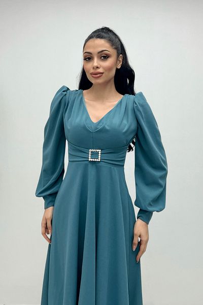 giyimmasalı Imported Crepe Fabric Midi Dress with Belt Detail - Water Green