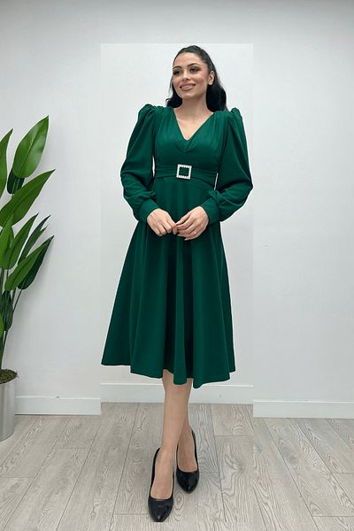 giyimmasalı Imported Crepe Fabric Midi Dress with Belt Detail - Emerald Green
