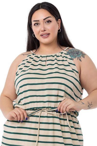 DISENTIS MODEST Plus Size Tie Λεπτομερής Sling Ελαστική μέση Σμαραγδένια ριγέ μακρύ φόρεμα