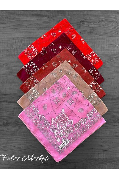 Fular Marketi 100% Cotton Ethnic Elegance Model 5-Piece Bandana Red-Burgundy-Dried Rose-Powder