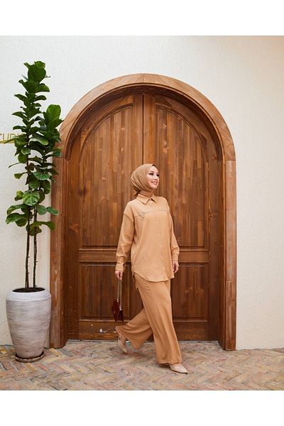 She Olive طقم حجاب ملفوف مع بنطلون - مينك