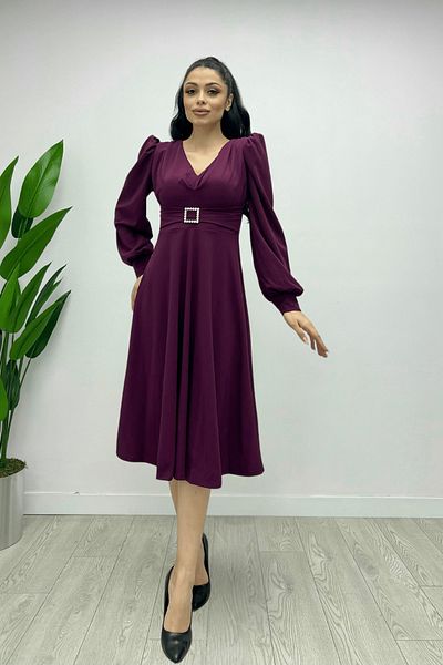 giyimmasalı Imported Crepe Fabric Midi Dress with Belt Detail - Eggplant Purple