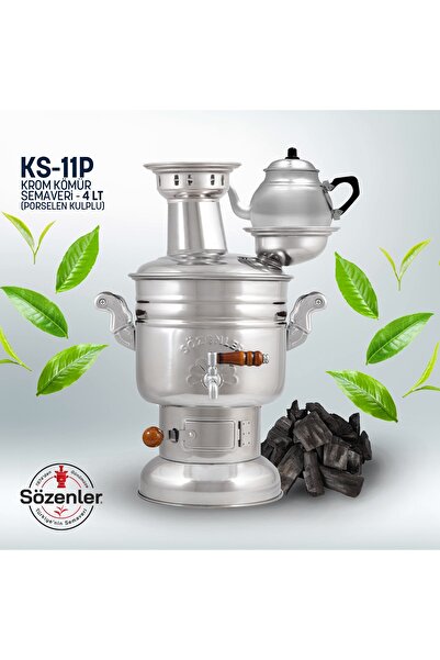 Sözenler KS11 (4 LT) PORSELEN KULP KROM KÖMÜRLÜ ODUNLU SEMAVER-DEMLİKLİ TAŞIM...