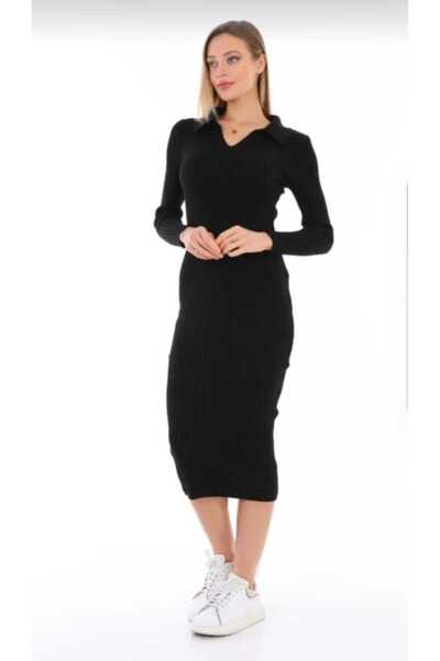 Designist POLO YAKA TRİKO ELBİSE-Siyah