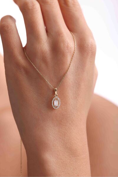 Gianfranco 14 Ayar Altın Oval Form Taşlı Sarı Altın Baget Kolye Ucu