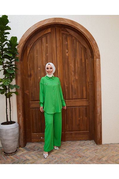 She Olive Pants Burrgnçmük Hijab Set - green