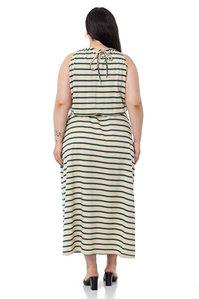 DISENTIS MODEST Plus Size Tie Detailed Sling Elastic Waist Emerald Striped Long Dress