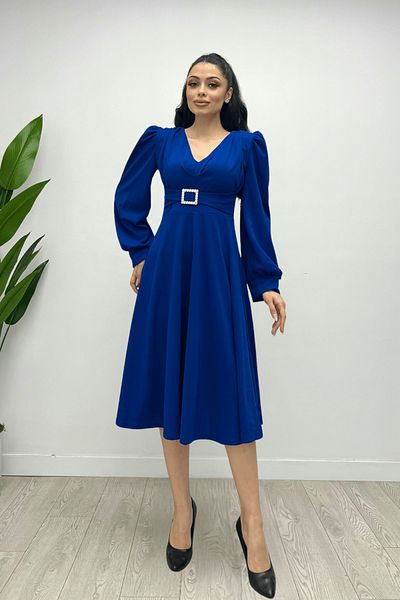 giyimmasalı Imported Crepe Fabric Midi Dress with Belt Detail - Saks Blue