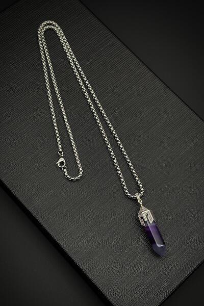 FRNCH 316L Çelik Spartan Model Akik Doğal Taşlı Mor Renk Erkek Kolye FRJ30713...