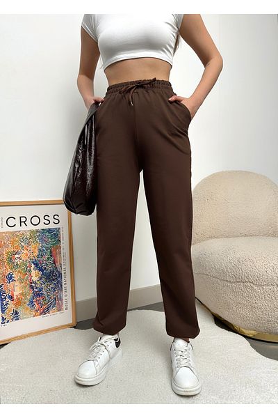 schlank Γυναικείο καφέ παντελόνι Jogger με ελαστικό ψηλόμεσο