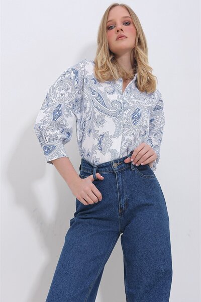 OlaLady Жіноча сорочка з бавовняної тканини з синім шарфом і рукавами-ліхтариками