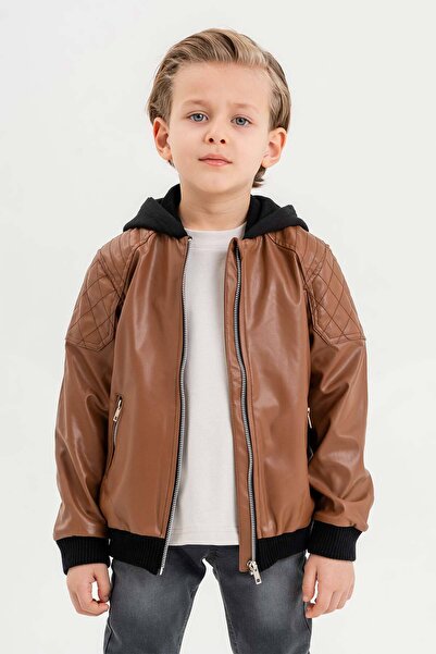 Gold Class Kidswear Kapüşonlu Cepli Fermuarlı Erkek Çocuk Deri Ceket