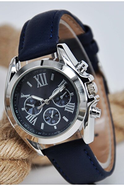 sonsuzsaat Koyu Mavi Deri Kordonlu Gümüş Renk Kasa Roma Rakamlı Genç Kız Kadı...